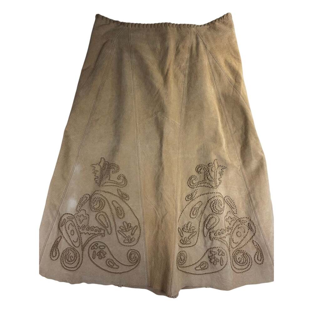 Peck & Peck Weekend Vintage Boho Embroidered Tan Suede A-Line Skirt Size 10 - Picture 2 of 9